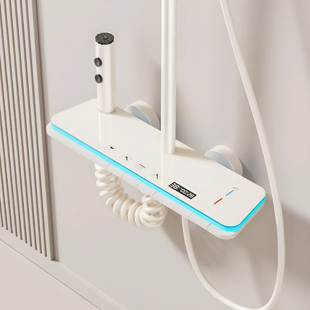 Aluminium digital display shower head set in white or grey finish with temperature readout.