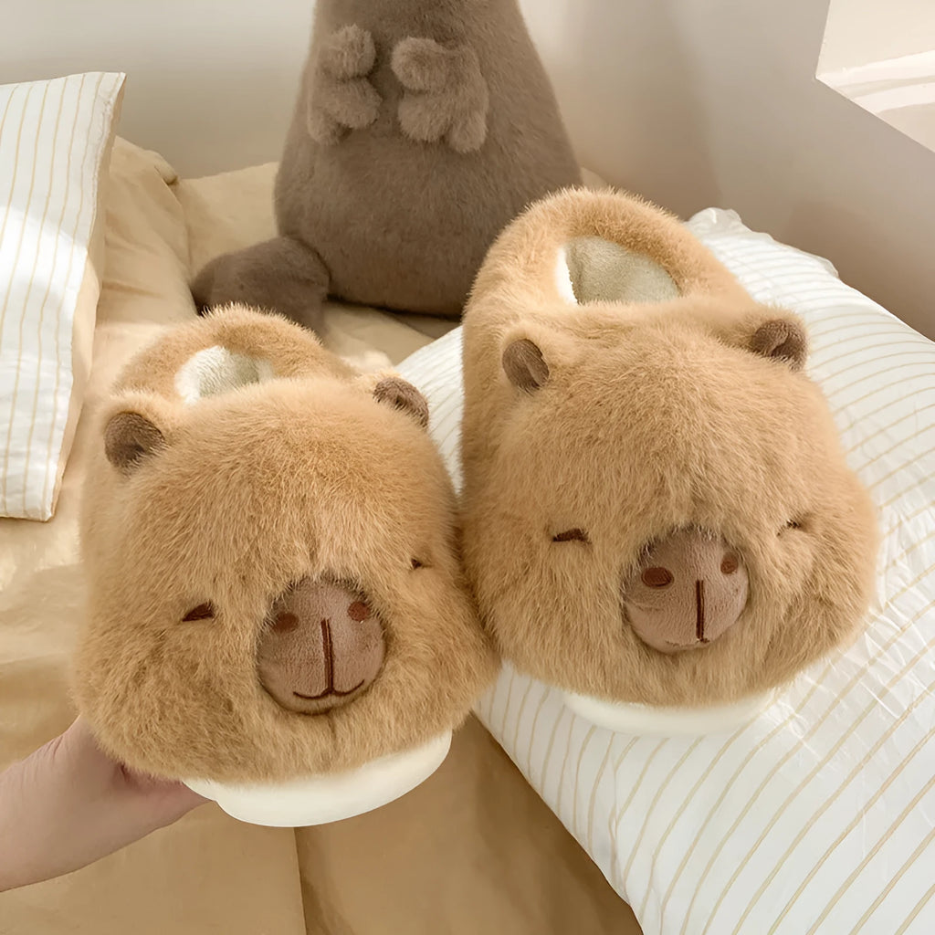 Light brown women's winter slippers with plush upper and oversleeve design