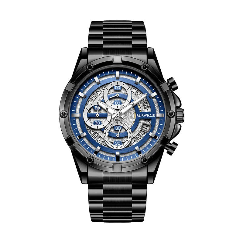 Men's waterproof quartz watch with steel belt and luminous dial in black gold or silver finish