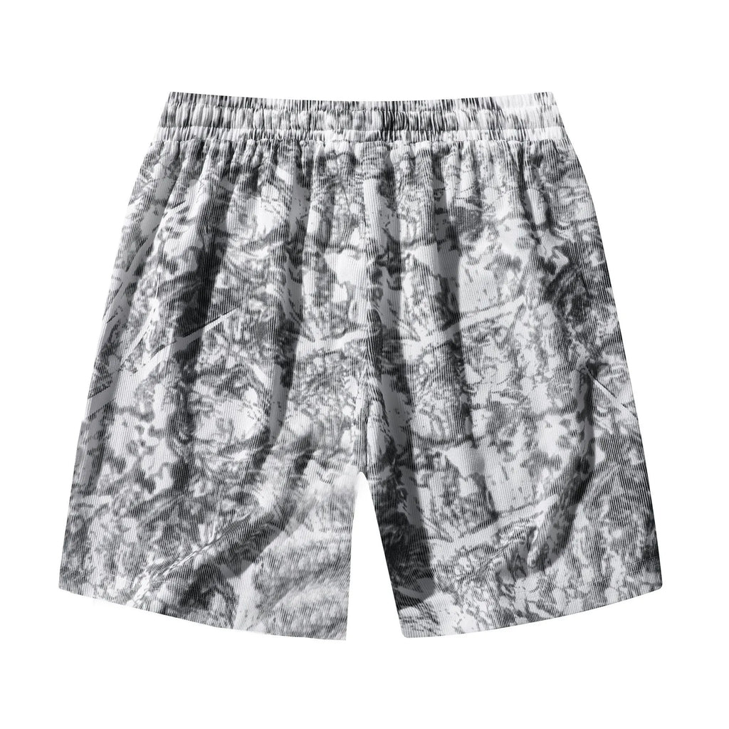 Men's straight-leg corduroy camouflage shorts in black, shown on a model.