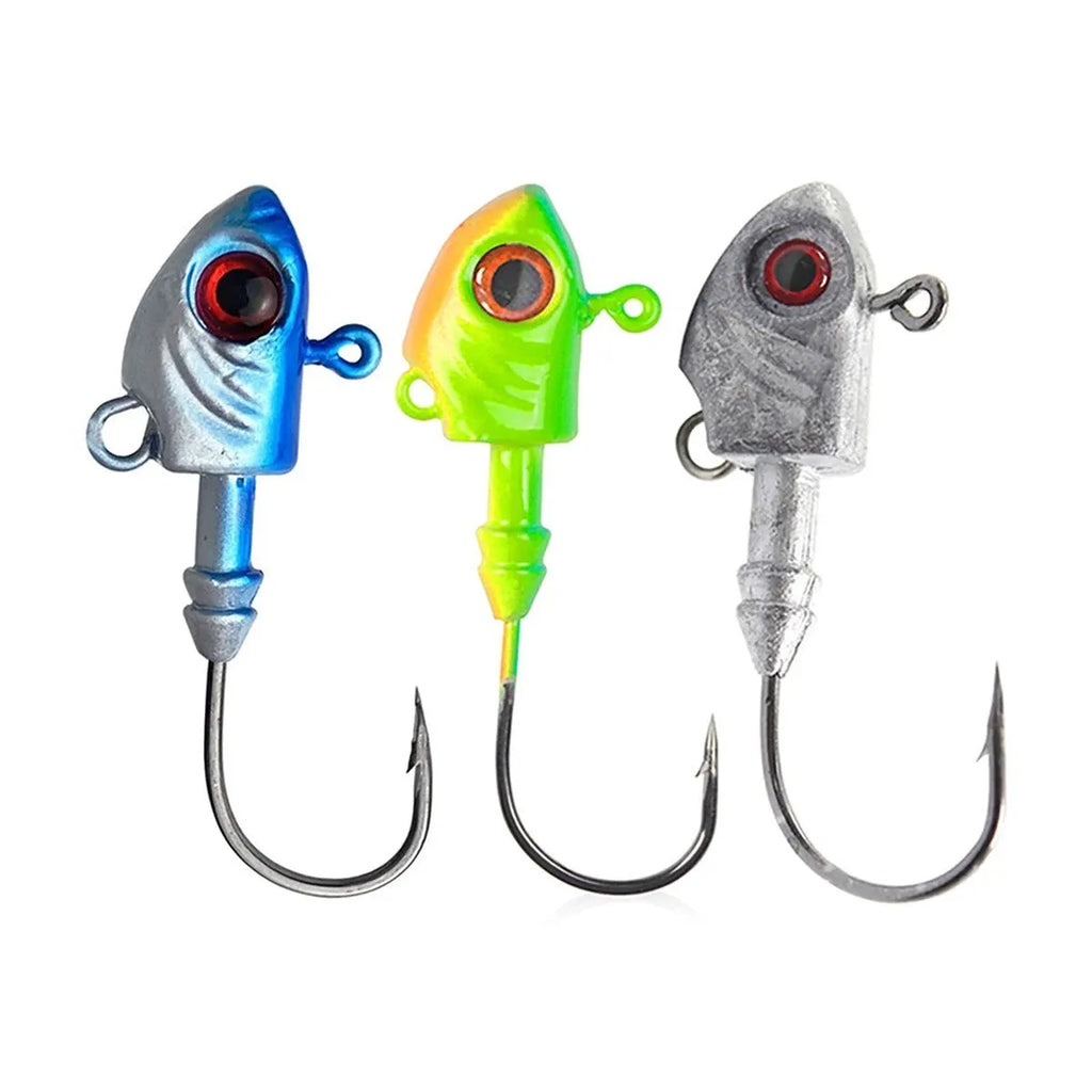Yayu-shaped lead head hook fishing lure simulation in blue, silver, and yellow colours showing different weight sizes.