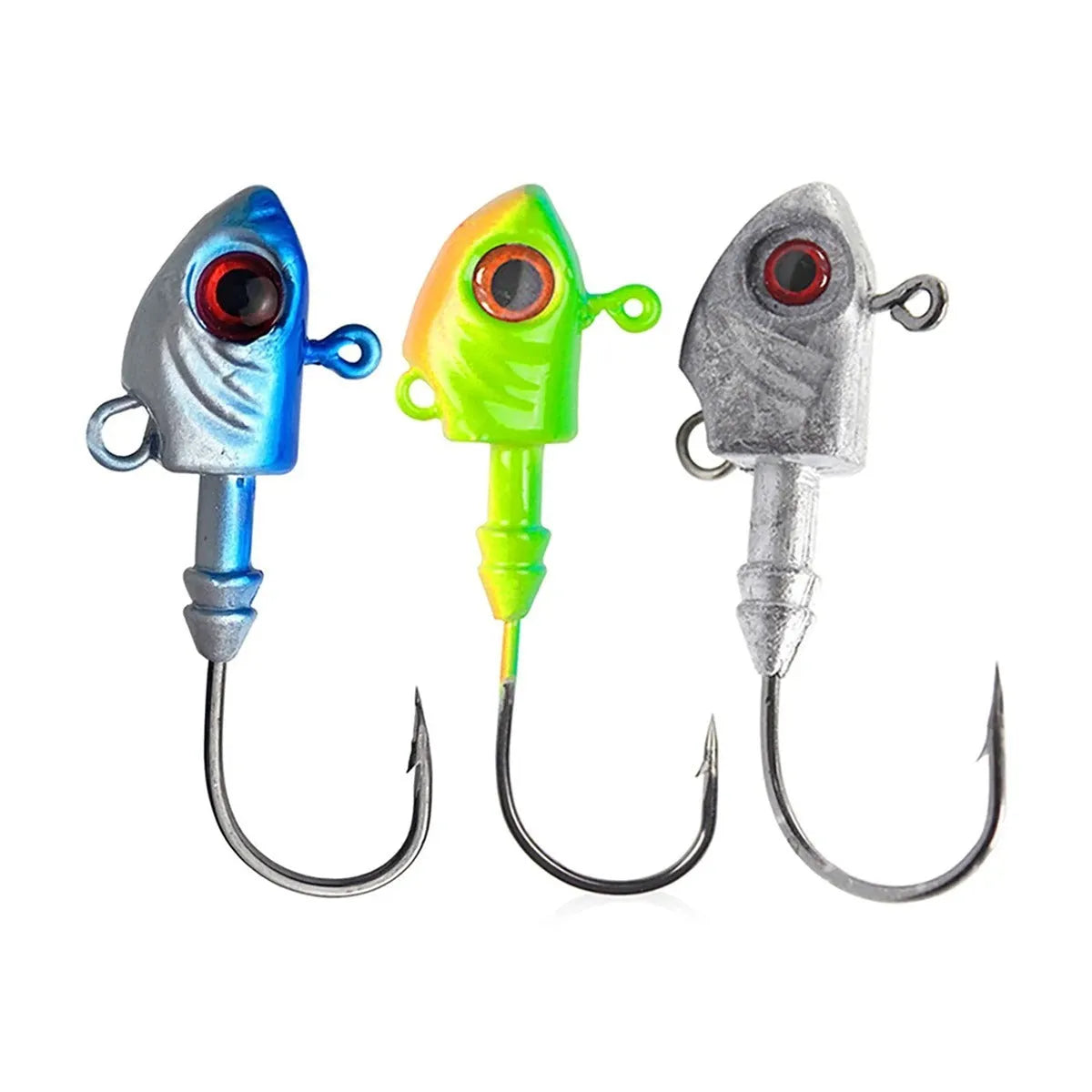 Yayu-shaped lead head hook fishing lure simulation in blue, silver, and yellow colours showing different weight sizes.