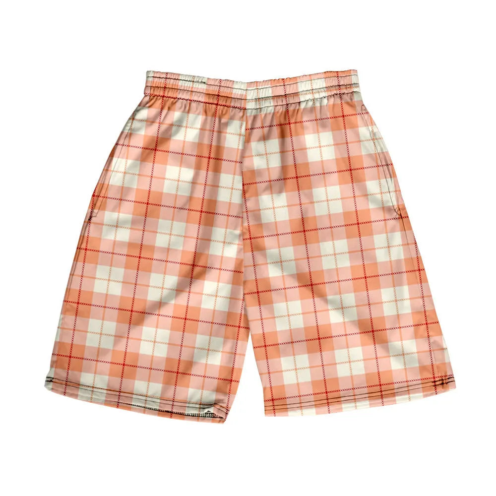 Men's polyester plaid shorts with elastic waistband in straight cut for casual wear
