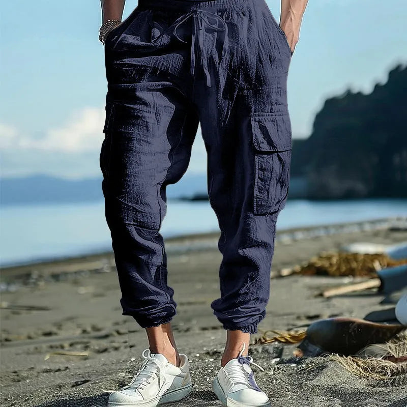 Men's ankle-tied linen casual trousers with multi-pocket tether in loose fit