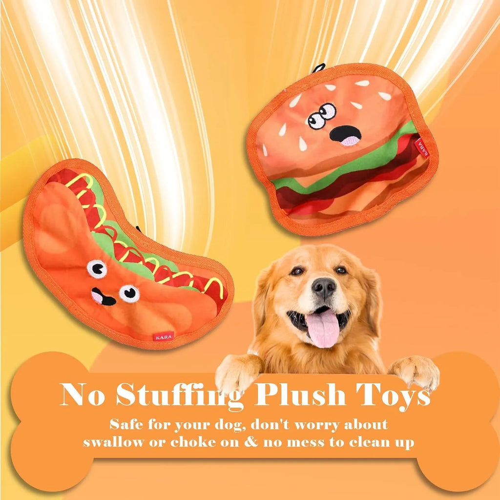Food-shaped dog chew toys including hamburger, fries, hot dog and pizza designs with crinkle and squeak features