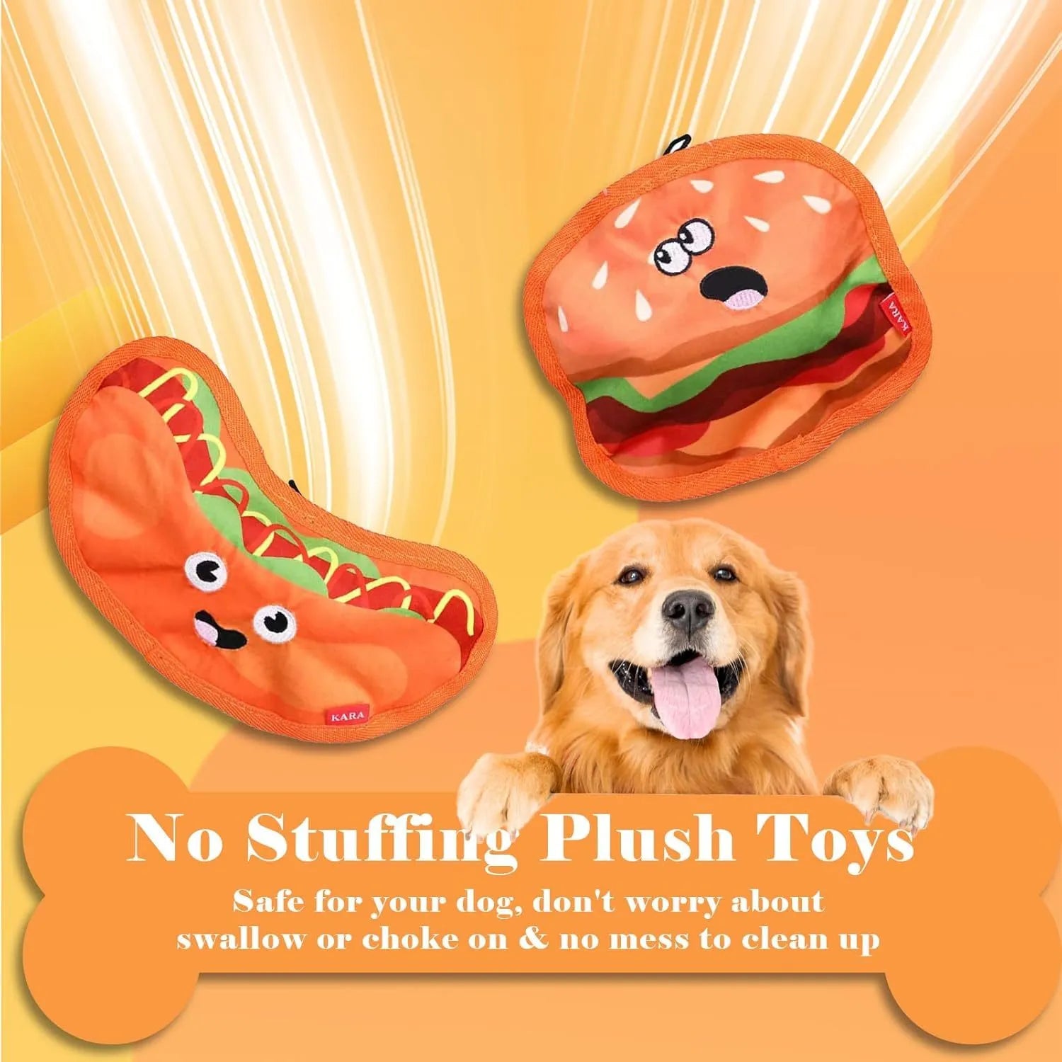 Food-shaped dog chew toys including hamburger, fries, hot dog and pizza designs with crinkle and squeak features