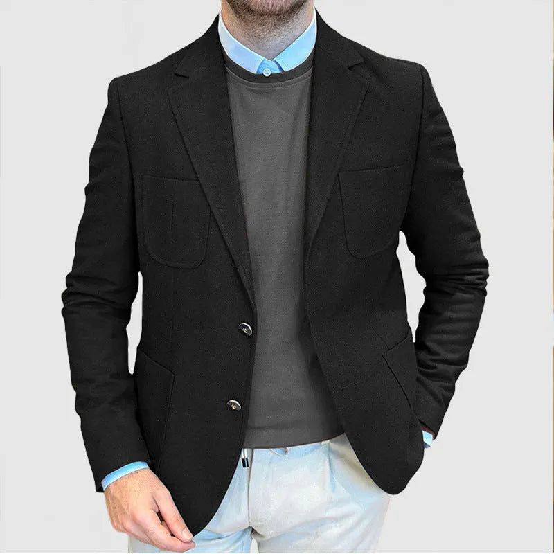 Men's loose-fit cotton suit jacket in a retro style, shown in a solid colour.