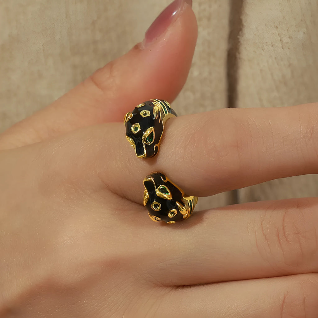 Women's geometric open ring with black cheetah animal pattern, size no.7 copper construction