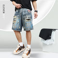 Blue ripped denim jeans shorts for men with graffiti design and straight leg opening.