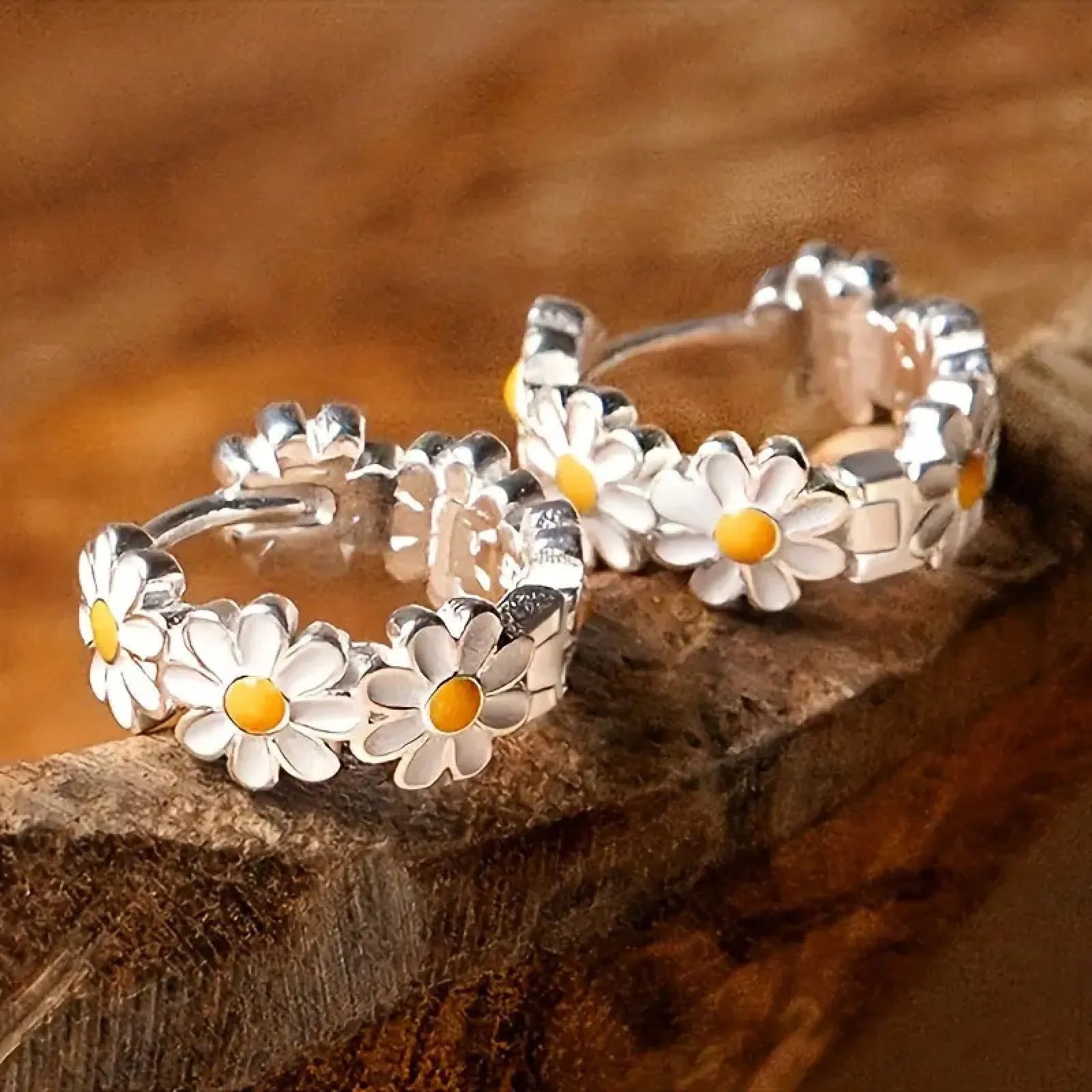 White daisy flower design ring earrings made from copper with an electroplated finish.