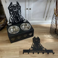 Personalised dog bowl holder with stainless steel bowl and iron base, custom dog name text