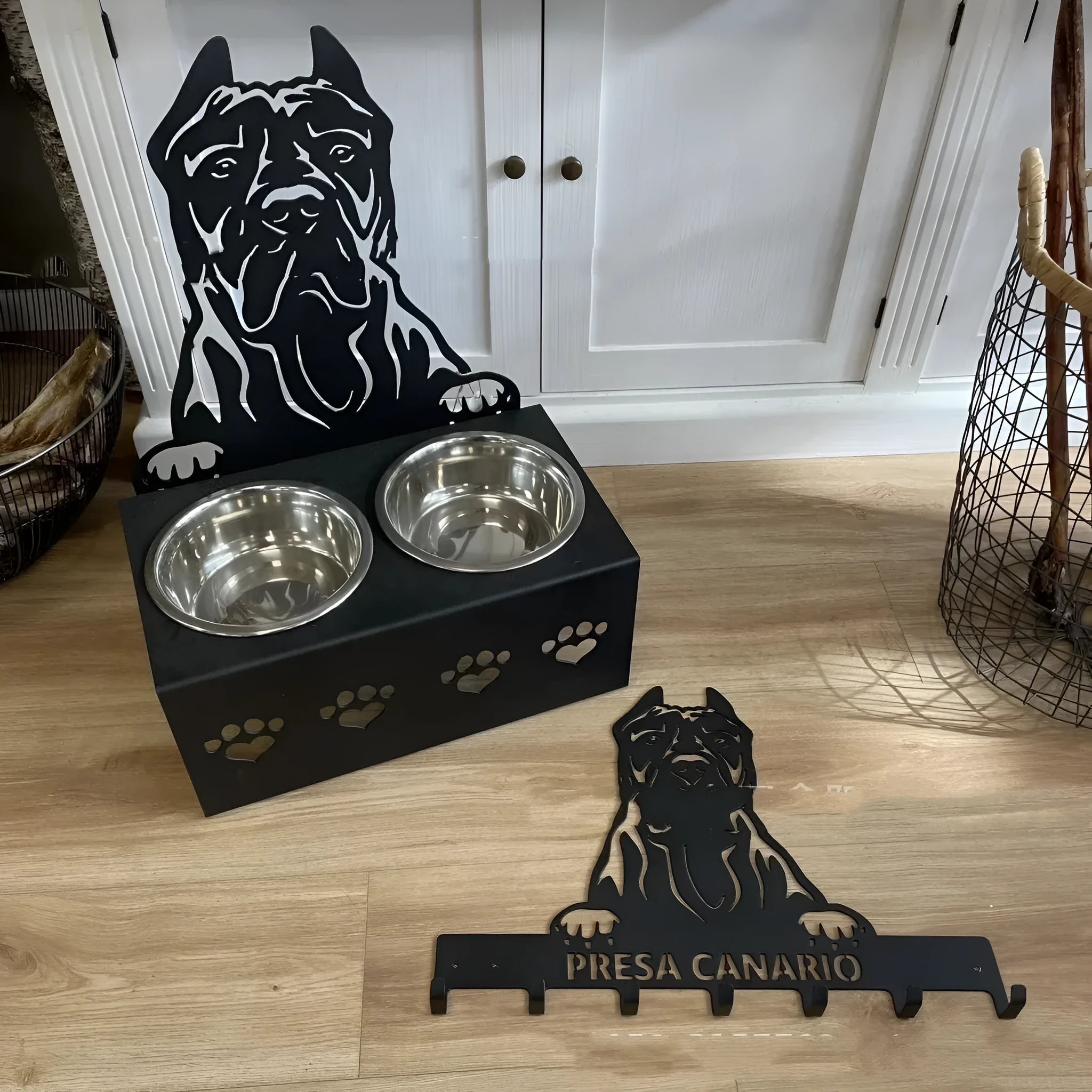 Personalised dog bowl holder with stainless steel bowl and iron base, custom dog name text