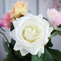 Silk artificial rose bouquet with 8.5cm flower heads in red, orange, white or purple fringe pink colours