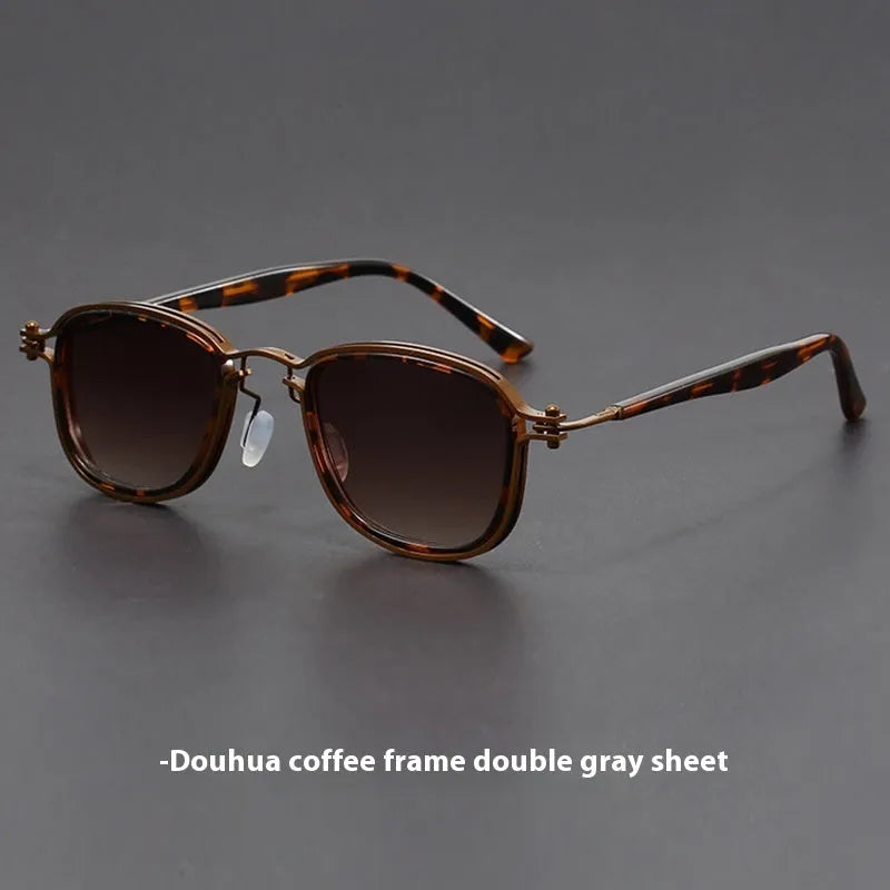 Retro square frame sunglasses in plastic and metal with AC lenses shown in a choice of six colours.