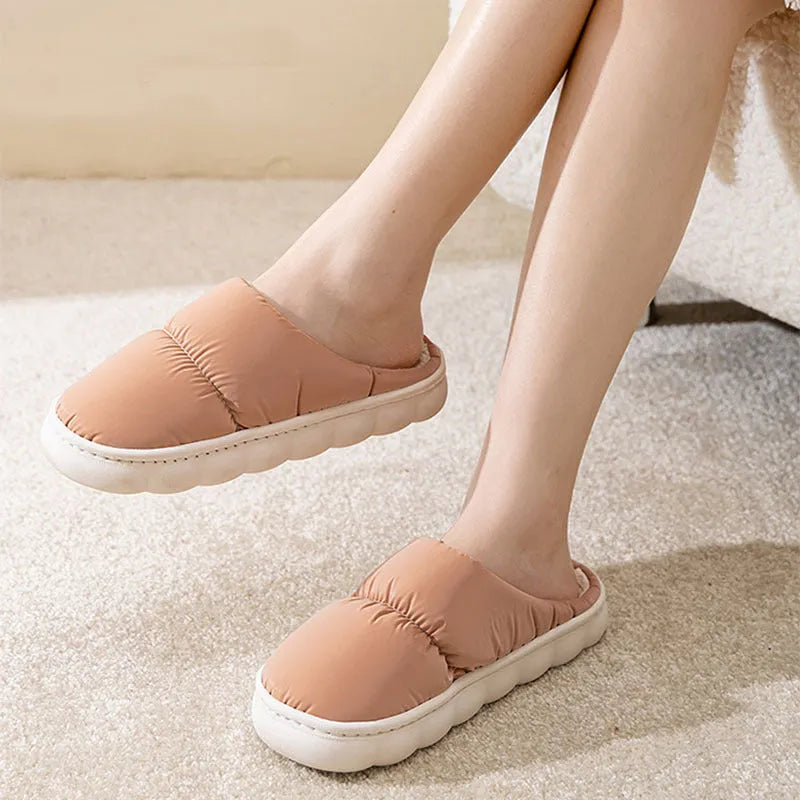 Down cotton plush slippers with thick rubber soles in blue, green, grey, pink, or yellow colours