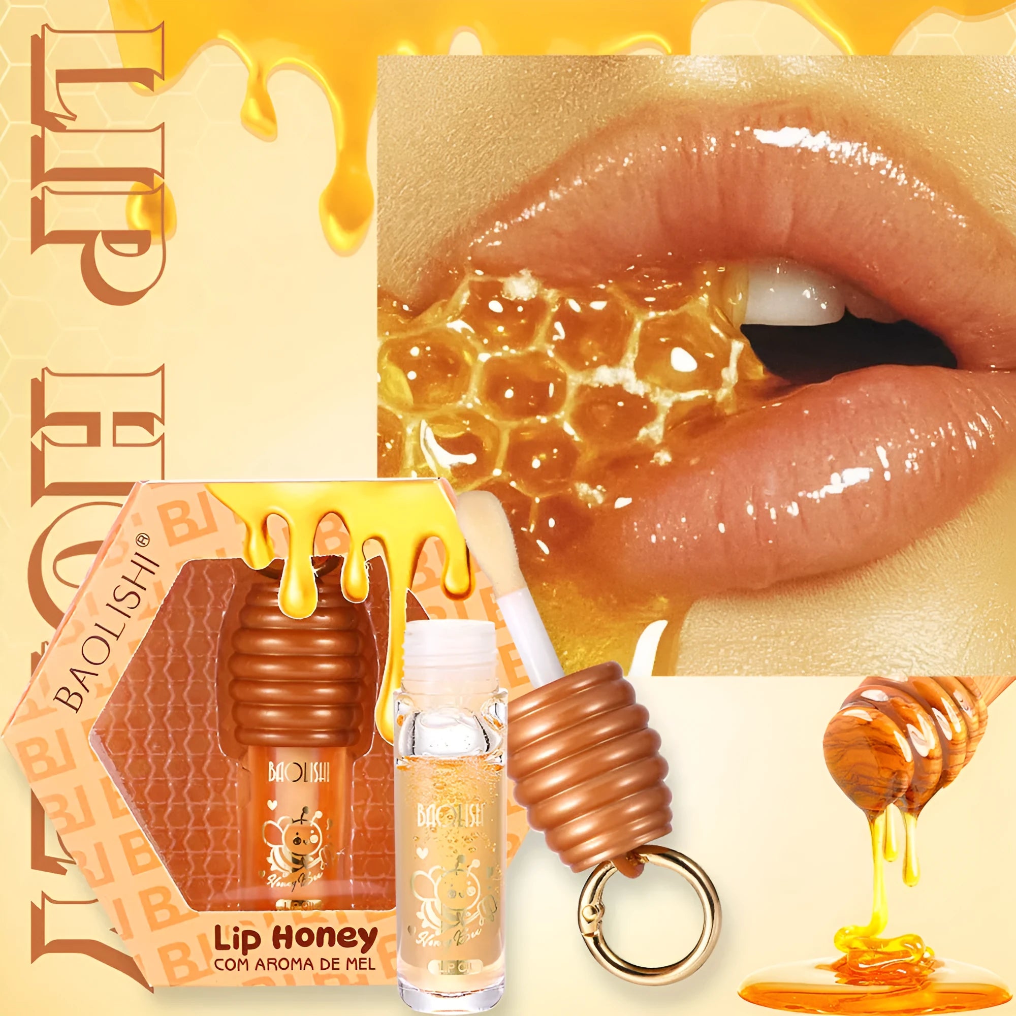 Honey lip gloss in portable keychain pannier bag packaging for on-the-go moisturising