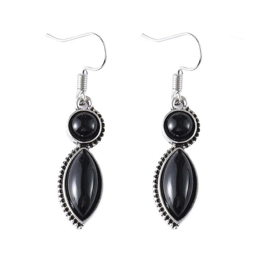 Black and purple geometric pendant earrings with round elements in vintage bohemian style