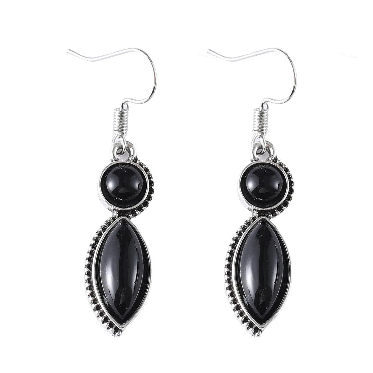 Black and purple geometric pendant earrings with round elements in vintage bohemian style