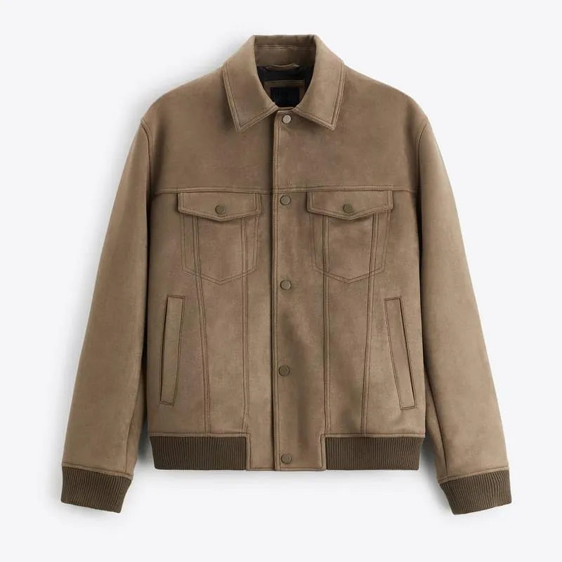 British-style suede velvet commuter jacket in light grey or mink colour with long sleeves
