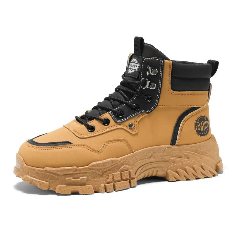 Men's black and yellow mid-calf Martin boots with an artificial PU upper and stout heel.