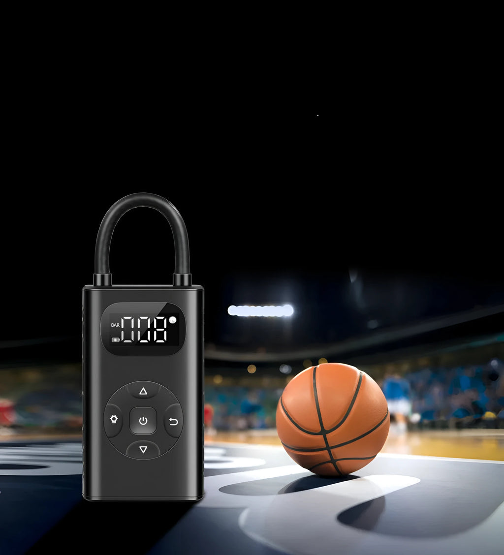 Black portable electric air compressor power bank with USB cable for tyre inflation