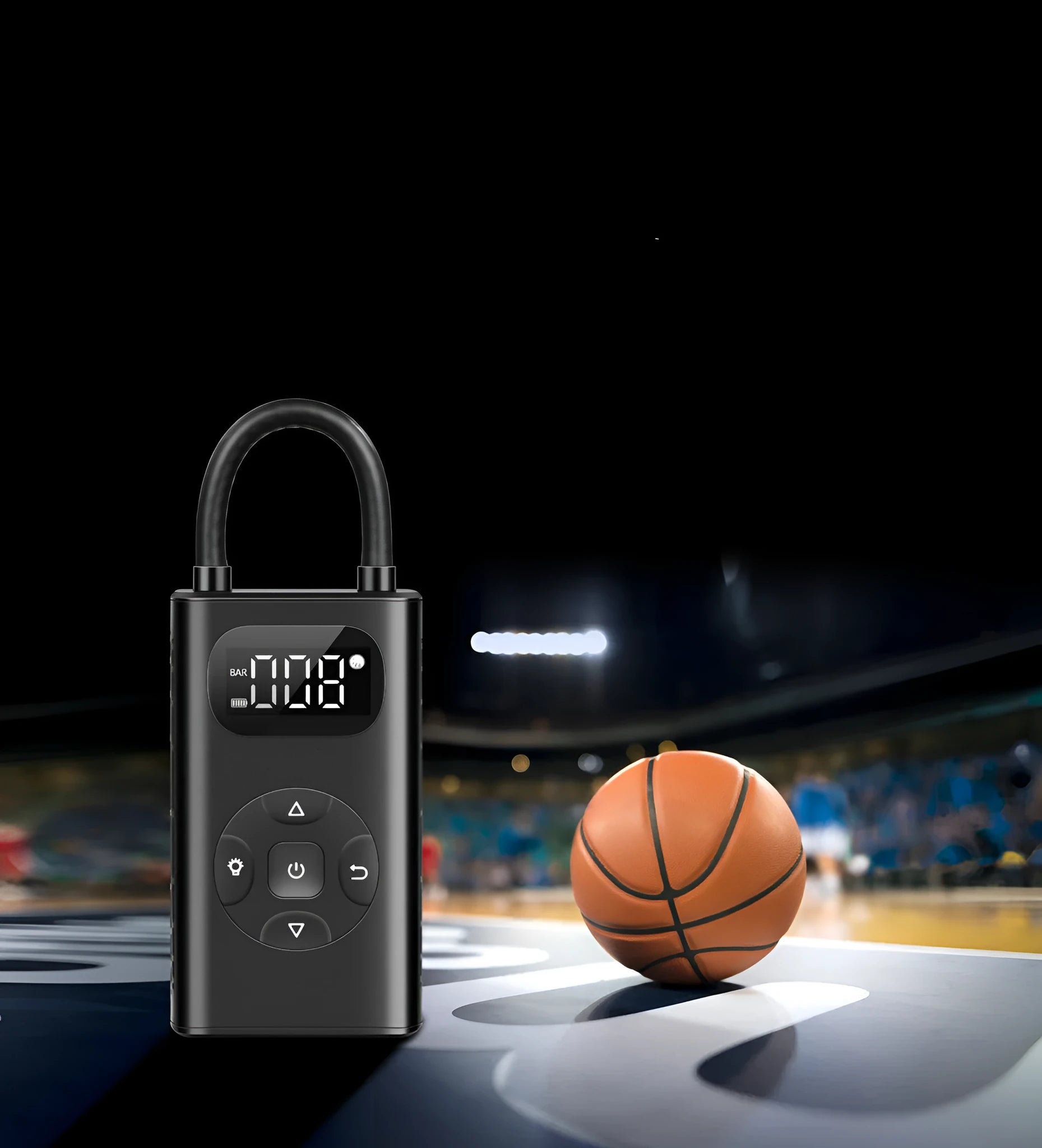 Black portable electric air compressor power bank with USB cable for tyre inflation