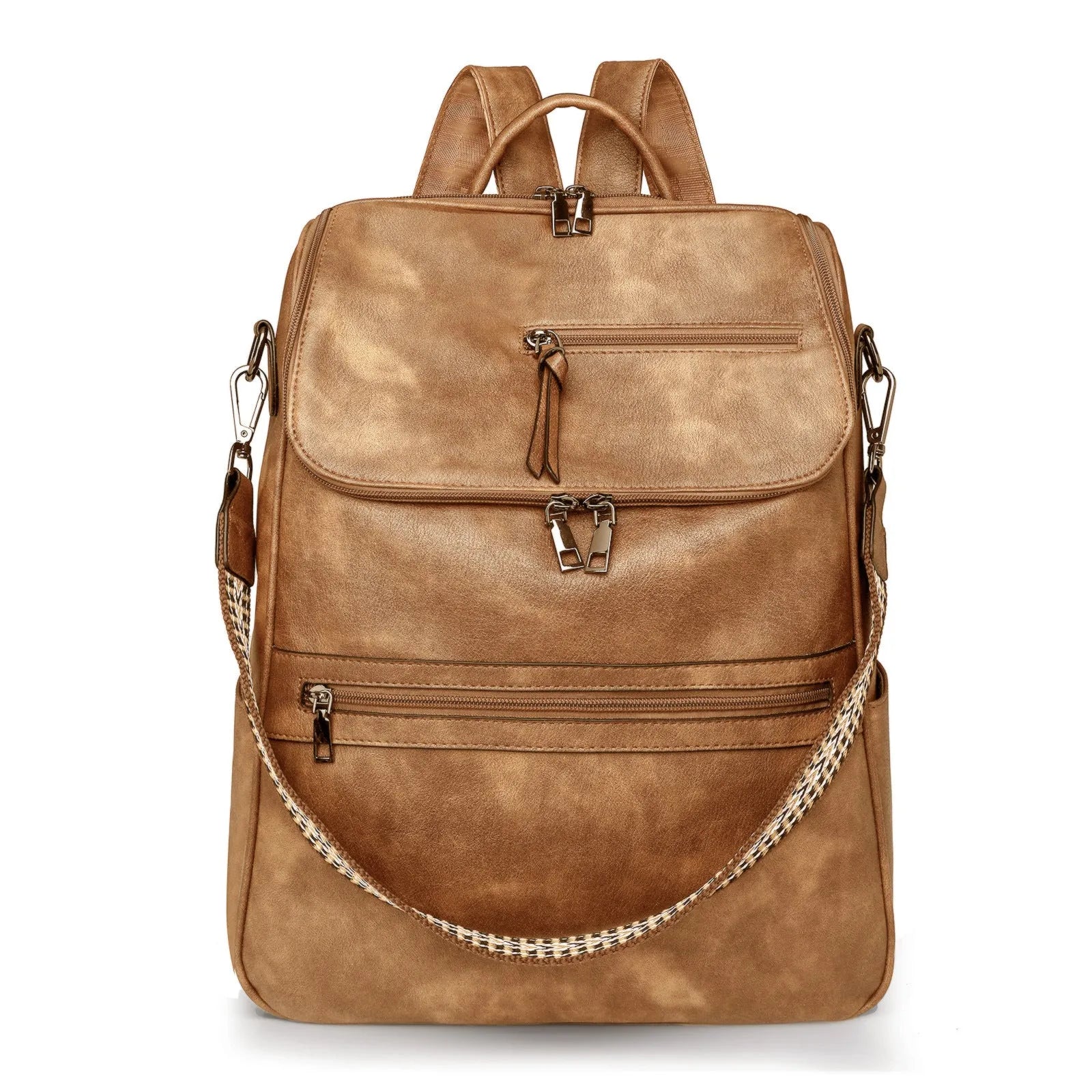 Retro style PU leather college backpack with curved shoulder straps, shown in one of six colour options.