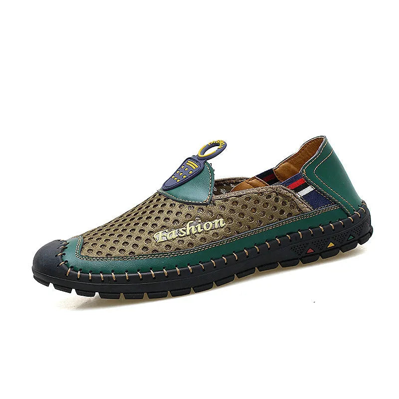 Men's brown casual mesh shoes with round toe, stitching detail, and a rubber sole.