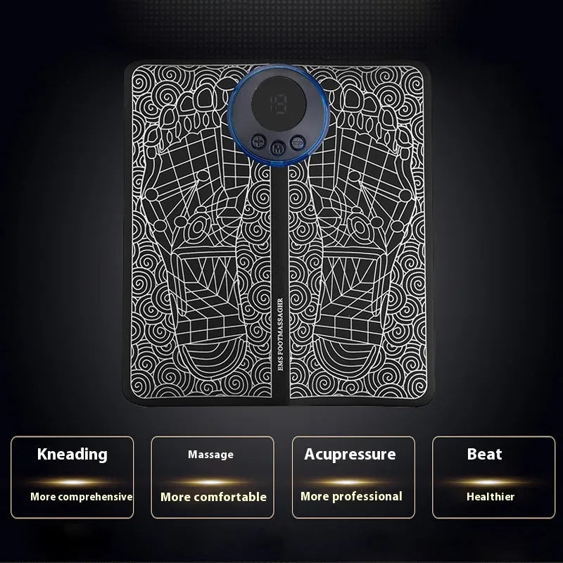 English Style leather foot massage cushion with wireless remote control and LCD display showing massage modes.