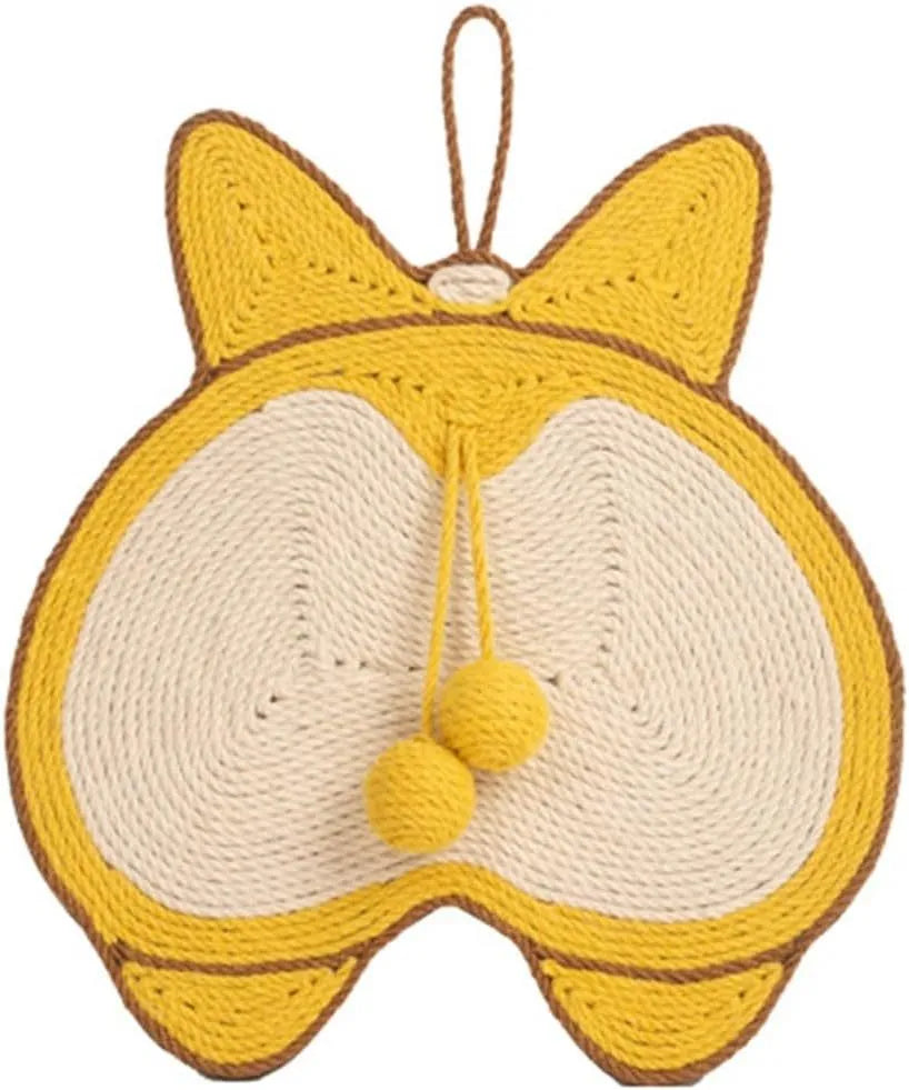 Yellow cat scratching pad with Corgi dog butt design, made from natural sisal with an anti-slip base.