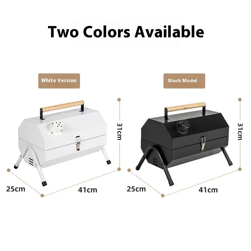 White round portable charcoal grill with chimney oven, grill mesh, and carbon tanks for outdoor cooking.