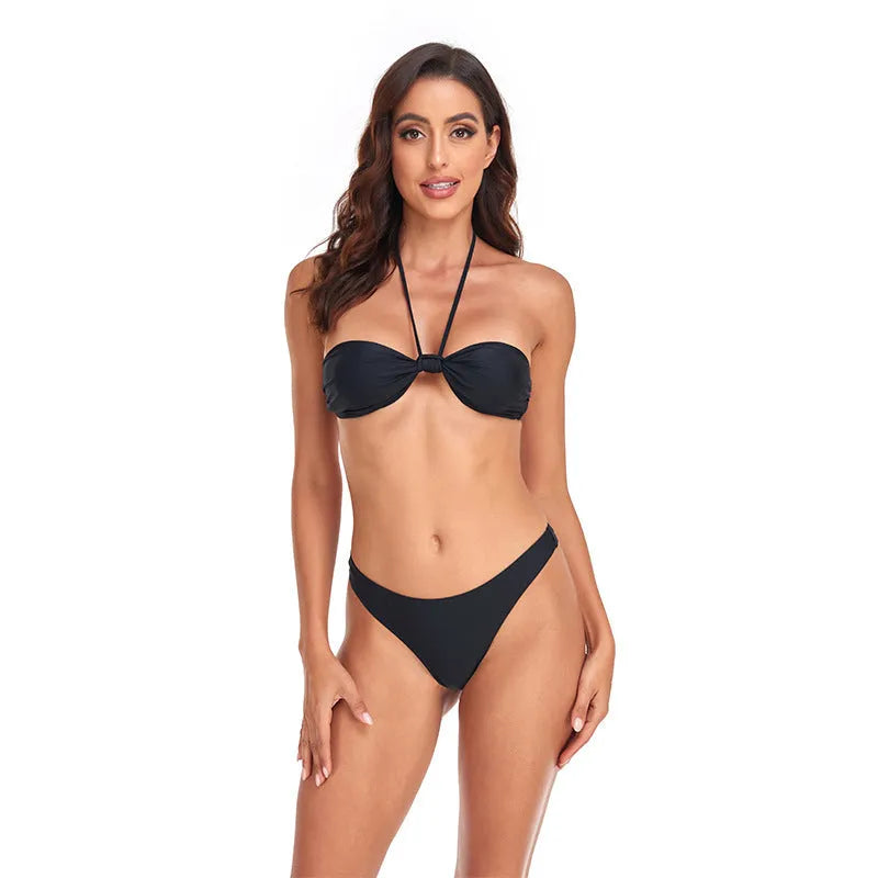 Black women's polyester bikini set with lace-up tube top and briefs swimwear