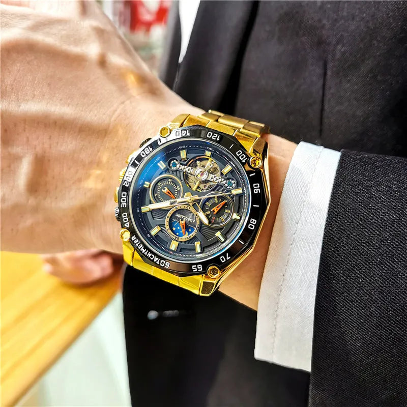 Men's automatic mechanical watch with stainless steel case on wrist, showing multi-functional dial.