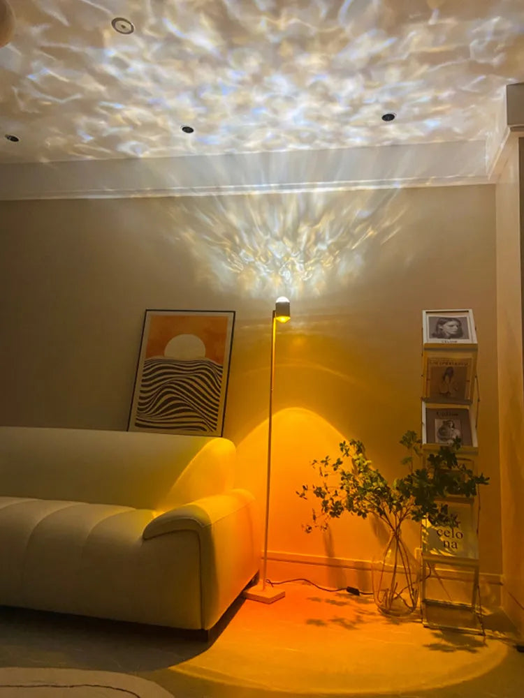 Sunset Red water wave projection floor lamp with modern design and colour cards.