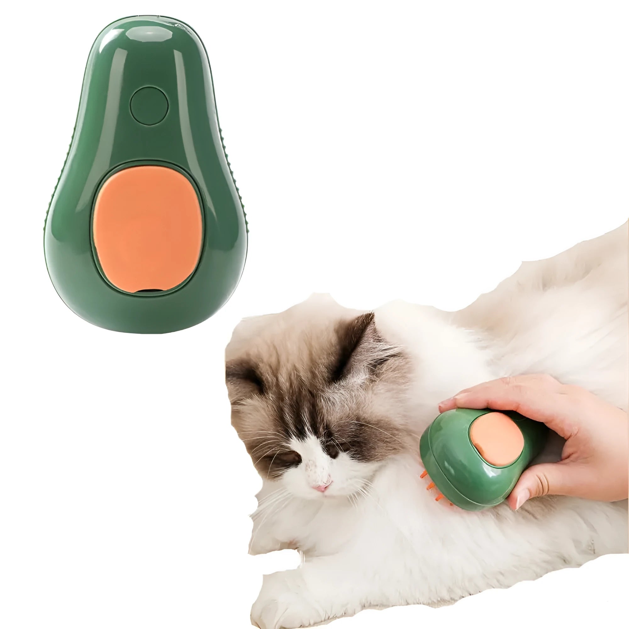 Green and white cat steam brush with silicone bristles and water spray function for pet grooming