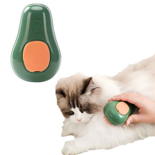 Green and white cat steam brush with silicone bristles and water spray function for pet grooming