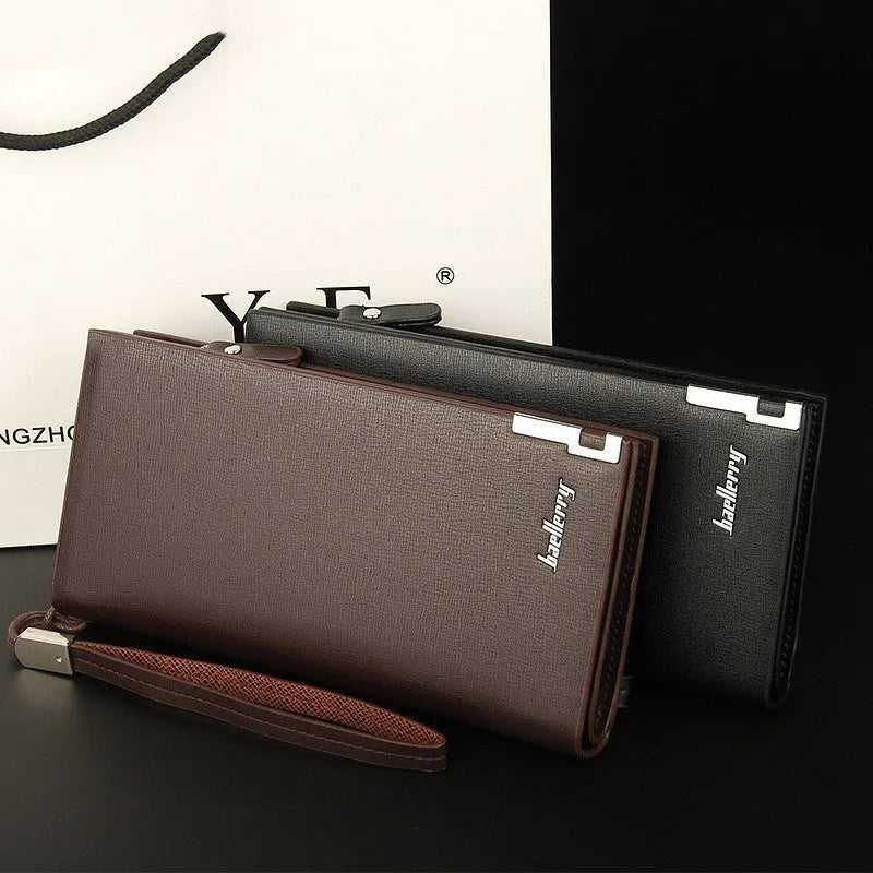 Men's black PU leather wallet with zipper closure showing seven card slots