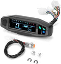 Black mini motorcycle LCD speedometer and fuel gauge with 141x45mm dimensions on a handlebar
