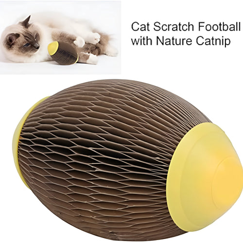 Ellipse-shaped corrugated paper catnip ball scratch toy for cats on a plain background