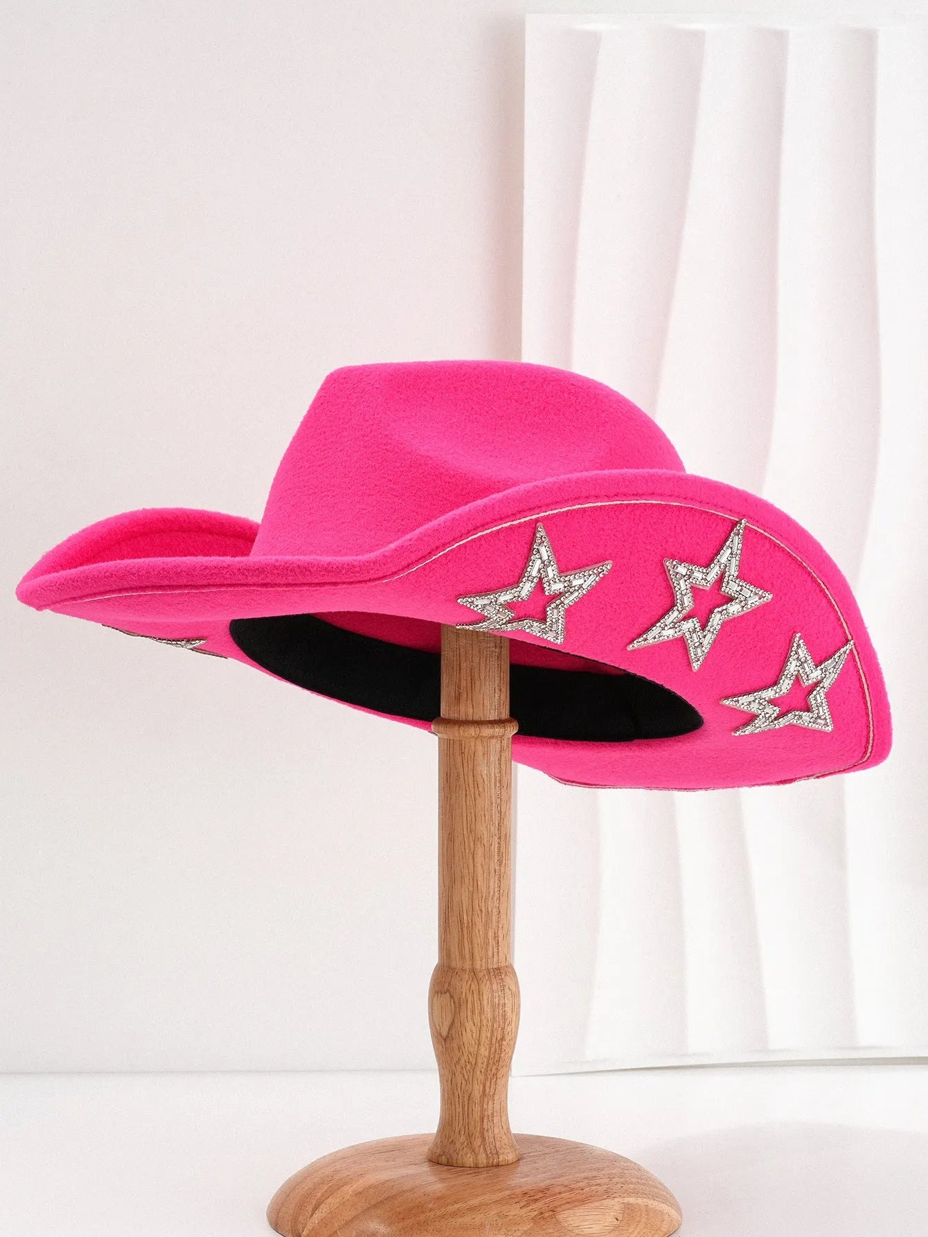 Polyester woolen felt western denim top hat with conical crown and hexagonal star decoration in size M