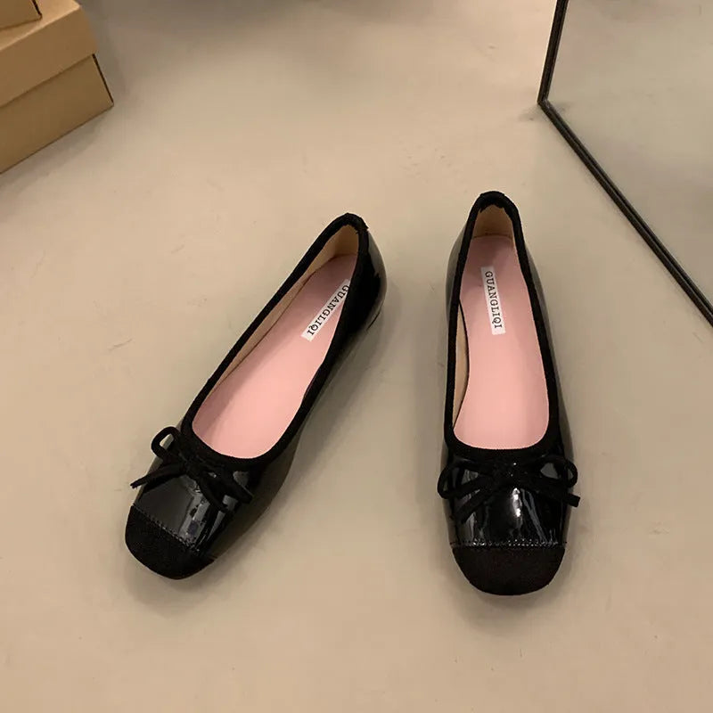 Women's wine red Mary Jane flat shoes with bow detail and square toe
