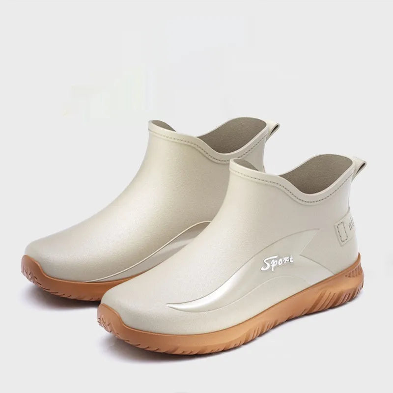 Men's short casual rubber boots in beige with a flat non-slip sole, shown on a plain background.