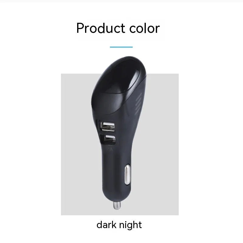 White car USB charger with integrated air purifier showing dual USB ports and compact 103mm design