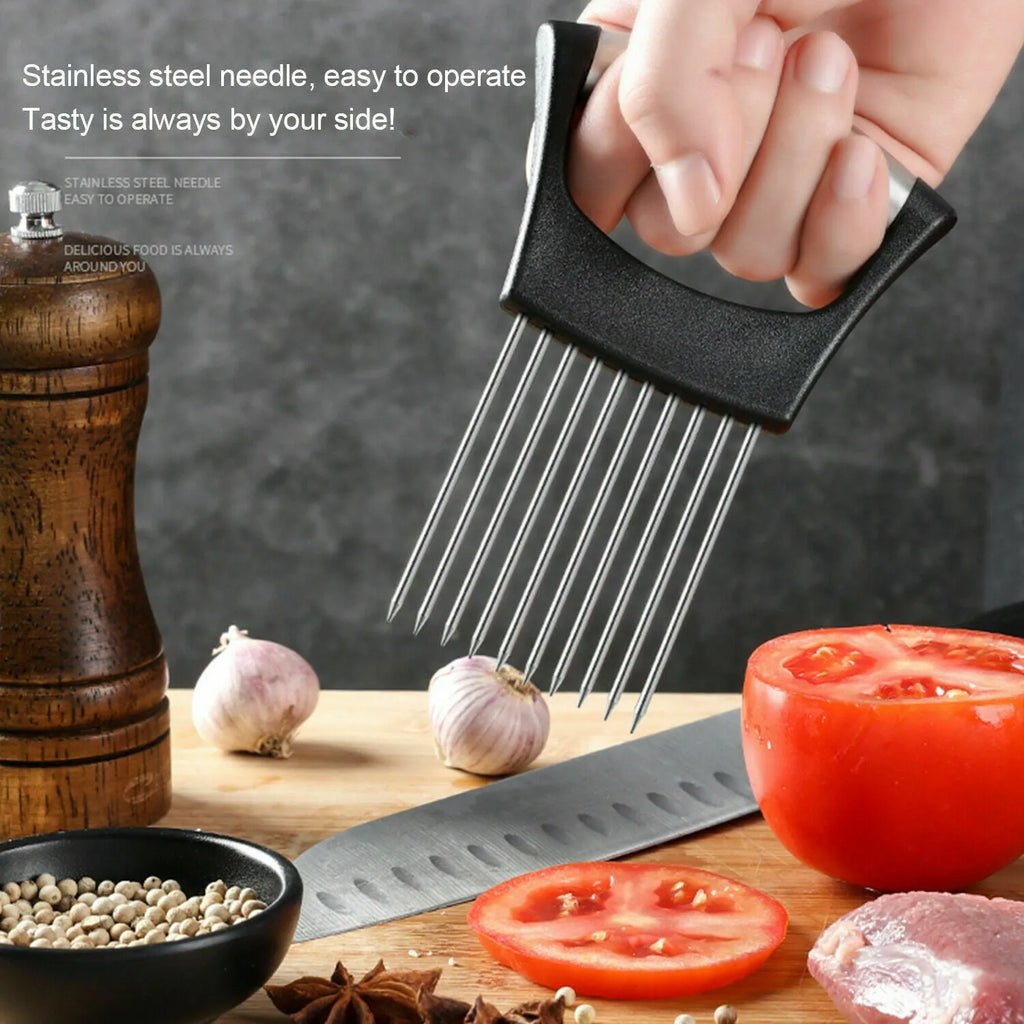 Stainless steel onion holder slicer with ABS handle on a kitchen worktop