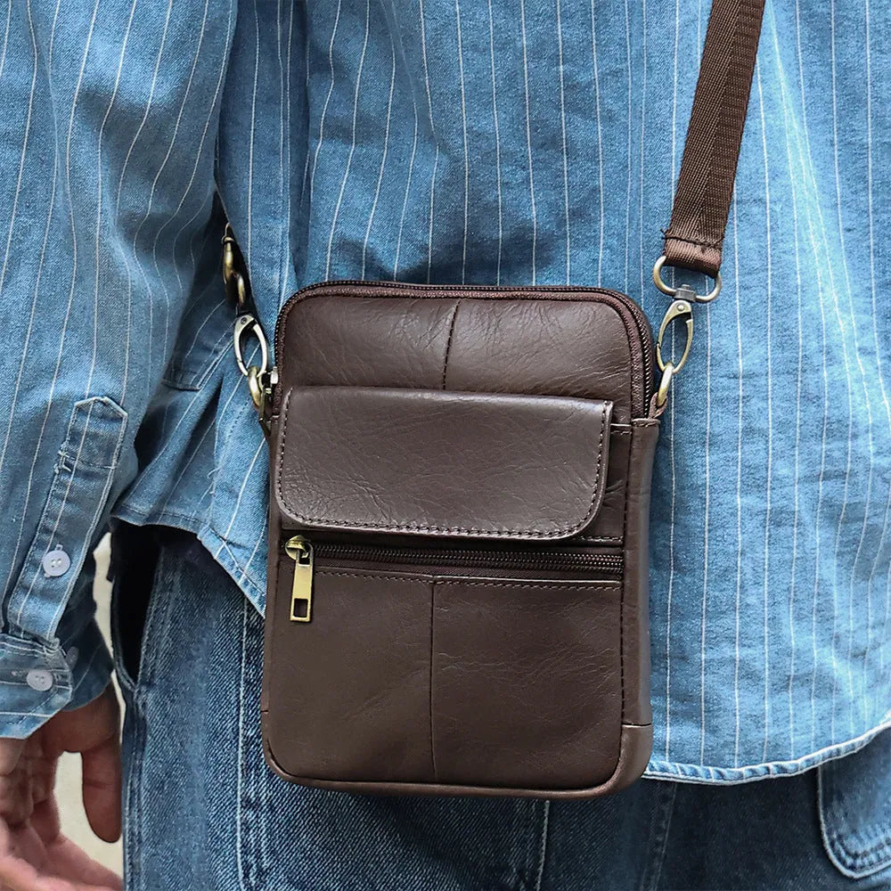 Men's brown leather crossbody shoulder bag with decorative stitching
