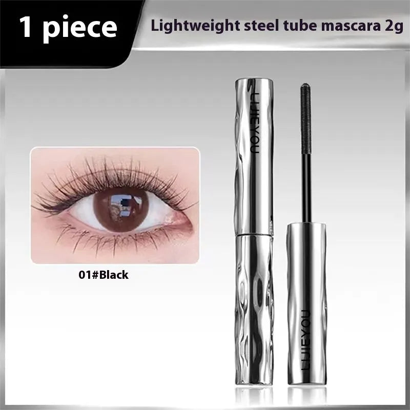 Waterproof mascara in steel tube with black and brown colour options and optional eyelash curler
