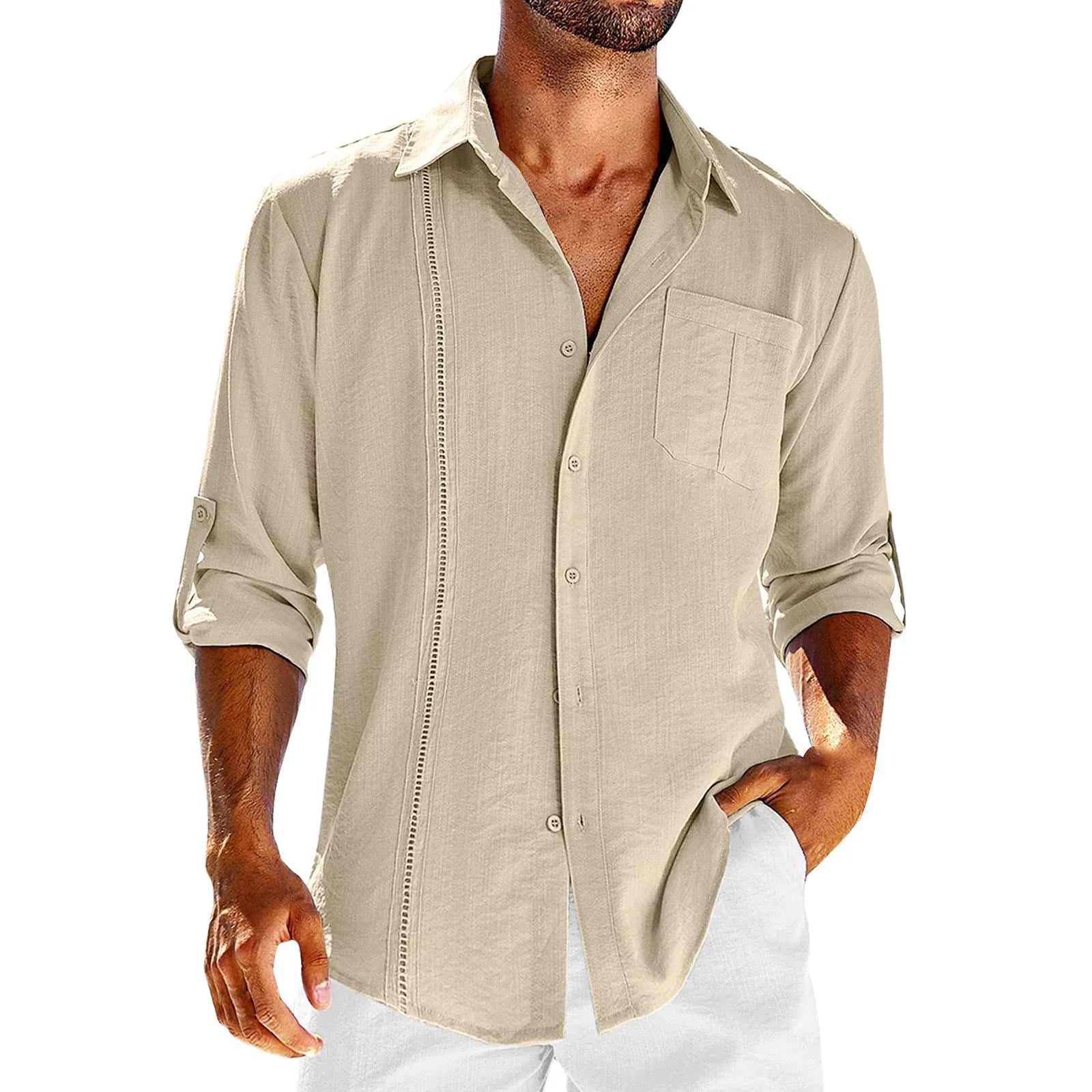 Mens grey casual long sleeve shirt with lace detail on polo collar and chest pocket.