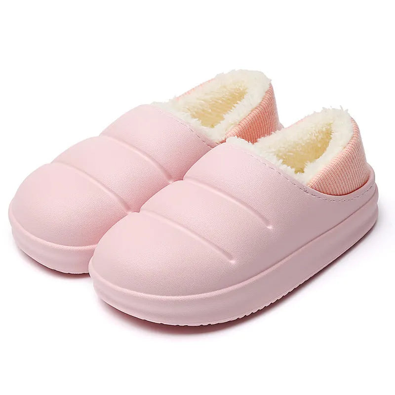 A pair of green EVA couple slippers with plush lining, shown as indoor house shoes and outdoor garden overshoes.