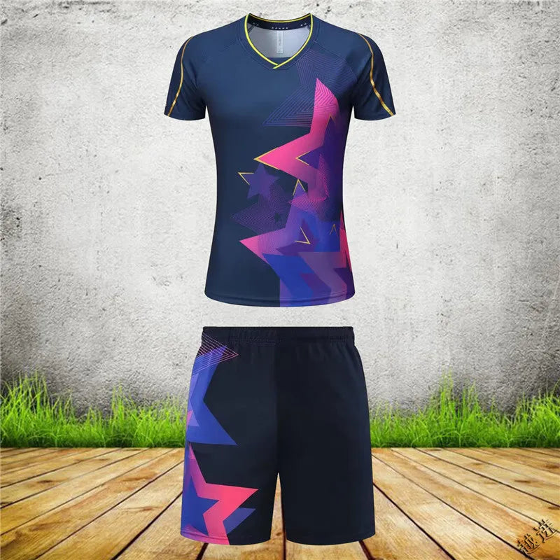 Man and woman wearing short-sleeved blue and purple badminton sportswear outfits, consisting of a top and trousers.