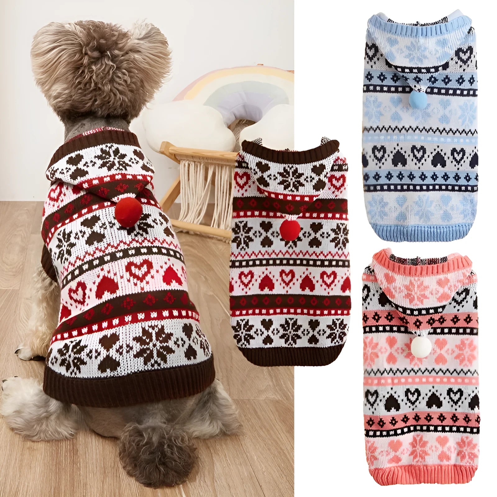 Pink, blue, and grey striped camouflage pattern acrylic knitted dog jumper on a small dog.